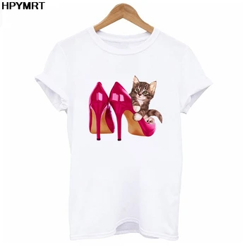 2020 nové Mačka vysoké podpätky Vytlačené T shirt Ženy móde Hot predaj Tričko Harajuku bežné lumbálna Biele tričko Ženské Oblečenie, Topy
