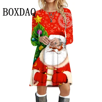 2023 Zimné Vianočné Šaty s Dlhým Rukávom Pulóver Ženy Sladké Roztomilý Party Šaty Bežné 3D Santa Claus Tlač Mini Šaty Nadrozmerné