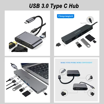 4 V 1, 5 IN1, 8 V 1 s rozhraním USB 3.0 Typ C Hub Adaptér HDMI VGA Typ-C PD Mircro SD SDXC rozhranie USB 3.0 Thunderbolt 3 Dock Station