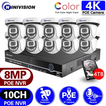 4K 10CH Video Surveillance Camera POE 8MP Farebné Nočné Videnie Ochrana Rj45 Sieť Vonkajších CCTV IP NVR Audio Reproduktorov 8CH Systém