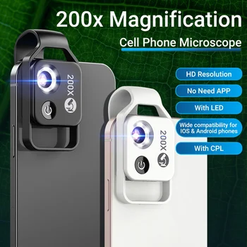 APEXEL 200 X Zväčšenie Mikroskopu Objektív Č CPL Mobile LED Svetlo Mini Pocket Makro Objektívy pre Všetky Smartphony iPhone black
