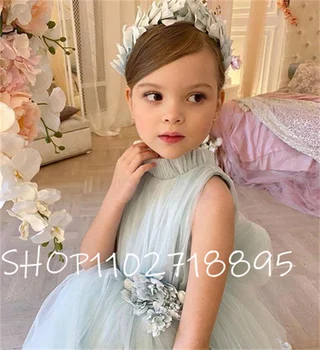 Baby Girl Dress Tylu Opuchnuté Kvetina Dievča Šaty Vlak Dieťa Pricess Šaty Pre Dievča Narodeniny Prvé Sväté Prijímanie Plášte