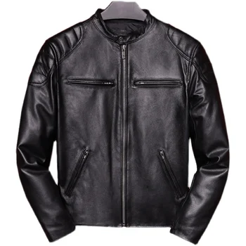 Bunda Čierna pánske Jarné Motocykel Style Plus Veľkosť 5XL Prírodnej hovädzej kože Jeseň Slim Fit Krátky Biker Originálne Kožené Kabáty