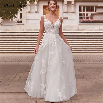 Challoner Moderné A-Line Svadobné Šaty tvaru Čipky Appliques Backless Ilúzie Tylu Svadobné Šaty Dĺžka Podlahy vestidos de novia