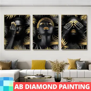 DIY Diamond Maľovanie Africkej Ženy Čierne Zlato Listy 5D AB Vŕtať Mozaiky Úplný Obraz Modernej Obrázok Wall Art Domova Darček