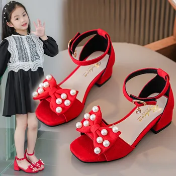 Detské Letné Sandále Nové Módne Dievčatá Bowknot Pearl Vysokým Podpätkom Princezná Topánky Strany Sandále H722