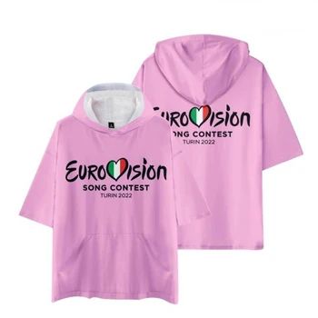 EUROVISION SONG CONTEST TURÍN 2022 3D Tlač Nadrozmerné T Shirt Harajuku Krátkym Rukávom s Kapucňou T-shirt Príležitostné Voľné Pulóver Topy