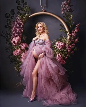 Kvet Materskej Šaty pre Fotografiu Strieľať Čipky Appliqued Srdiečko Plné Rukávy Baby Sprcha Tehotné Prispôsobiť Prom Šaty