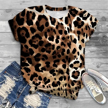Leopard Kvet 3D Tlač T-shirt Ženy Kvetinový Abstraktné T Shirt Streetwear módy Y2k Sexy Top O-krku krátky rukáv Žena Oblečenie
