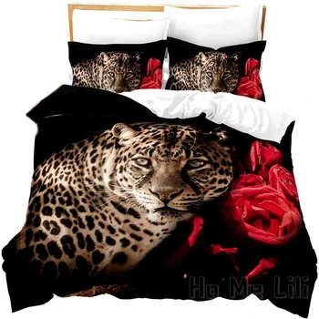 Leopard Perinu Tým, že Ho Ma Lili 3D Zviera Tlače posteľná bielizeň Nastaviť Voľne žijúcich živočíchov Nádherný Červené Ruže Kvetinový prehoz cez posteľ Mikrovlákna Ultra Soft