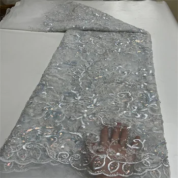 Luxusné Afriky Flitrami Korálky Svadobné Textílie Bielej Vysokej Kvality Nigérijský Sequined Čipky Francúzsky Tylu Textílie Na Spoločenské Šaty Šiť