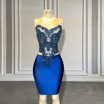 Luxusné, Priehľadnej Sieťoviny Luxusné Korálkové Ženy Narodeninovej Party Šaty Tmavo Modré Spandex Black Dievčatá Krátke Šaty Ples 2024