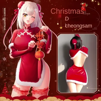 Manyan Vianočné sexy spodnú bielizeň s prackami, klasické mid-rukáv cheongsam, štrbiny a hip-pokrýva jednotný súbor 8701