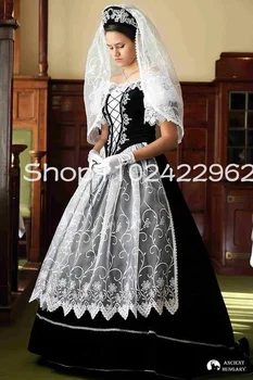 Maďarský tradičné svadobné šaty vintage white black s rukáv čipky nášivka národné krajiny svadobné šaty