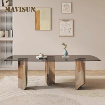 Moderný Minimalistický Jedálenský Stôl Z 12mm Zahustiť Popola Sklo Stola z Nerezovej Ocele Nohách Kuchynského Nábytku Dizajn Obdĺžnik Tabuľka