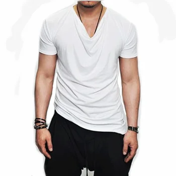 Muži Krátky Rukáv T Shirt Asymetrické Lem Hip Hop dlhým vlascom T-shirt Muž Pevných tričko Streetwear Topy Tee Zábavné tričká