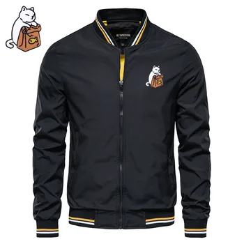 Nová bunda Mačka výšivky hip hop pánske sako Jar jeseň high-end business bunda módnej značky Voľné pánske baseball jacket