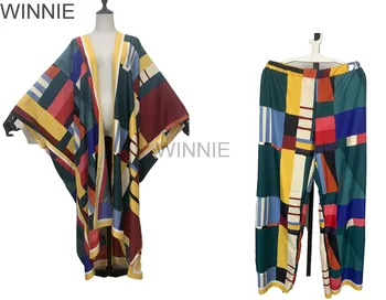 Nové Multicolor Kuvajt Móda Tlačené Keper Hodváb Moslimských Dve Kus Oblek Pre Ženy Dashiki Afriky Lady Kimono A Nohavice