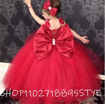 Nové Červené Dievčatá Bitthday Party Šaty s Veľkým Luk Tylu Kvetina Dievča Šaty Pre Svadobné Vestido Deti Oblečenie