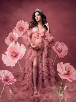 Rose Ružovými Volánikmi Materskej Fotenie Šaty so Štrbinou Dlhý Rukáv Prom Šaty Pre Ženy, Vrstvený Baby Sprcha Maxi Šaty
