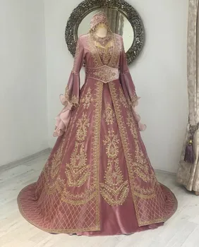 Staré Ružové Velvet Henna Kaftane Prom Formálne Šaty Víla Dlhý Rukáv Korálkové Nášivka Moslimských Marocký Večerné Šaty Jeseň