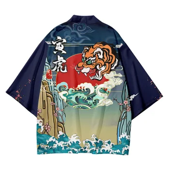 Streetwear Cardigan Tiger Tlač Cosplay Tričko Tradičné Haori Kimono Oblečenie Žien, Mužov Harajuku Japonský Pláži Yukata Top