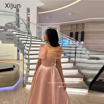 Xijun Ružový Satén Tylu Prom Šaty, Saudská Arabric A-Line Večerné Šaty Dĺžka Podlahy Rukávy Ramena Prom Šaty Ženy