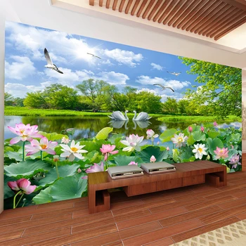 Čínsky Štýl, Foto Tapety 3D Labutie Jazero Lotus Rybník nástenná maľba Obývacia Izba Gauč TV Pozadí Dekor Nástenné Maľby Abstraktných De Parede