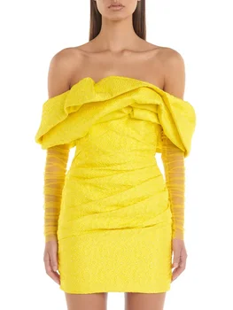 Ženy Letná Žltá Party Šaty Off Sexy Ramenný Oka Dlhý Rukáv Drapped Bodycon Mini Dráhy Módne Večer Klub Party Šaty