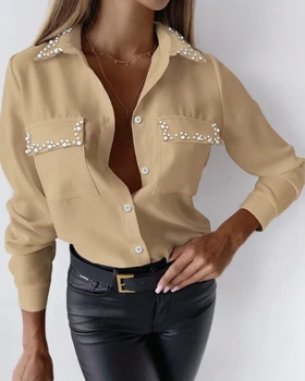 Ženy Móda Korálkové Buttoned Vrecko Dizajn Top Temperament Dochádzanie dámske Elegantné Tričko s Dlhým Rukávom