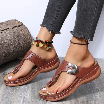 Letné Ženy Klin Sandále Premium Ortopedické Otvorené Prst Sandále Vintage Anti-slip Kožené Bežné Ženské Platformu Retro Topánky