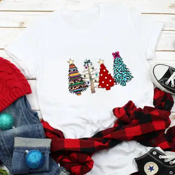 Vianočný Stromček 100%Bavlna Farebné Tlač Žien T Shirt dámske Vtipné Príležitostné O-Krku Krátke Rukáv Top Vianočný Darček Dovolenku Košele